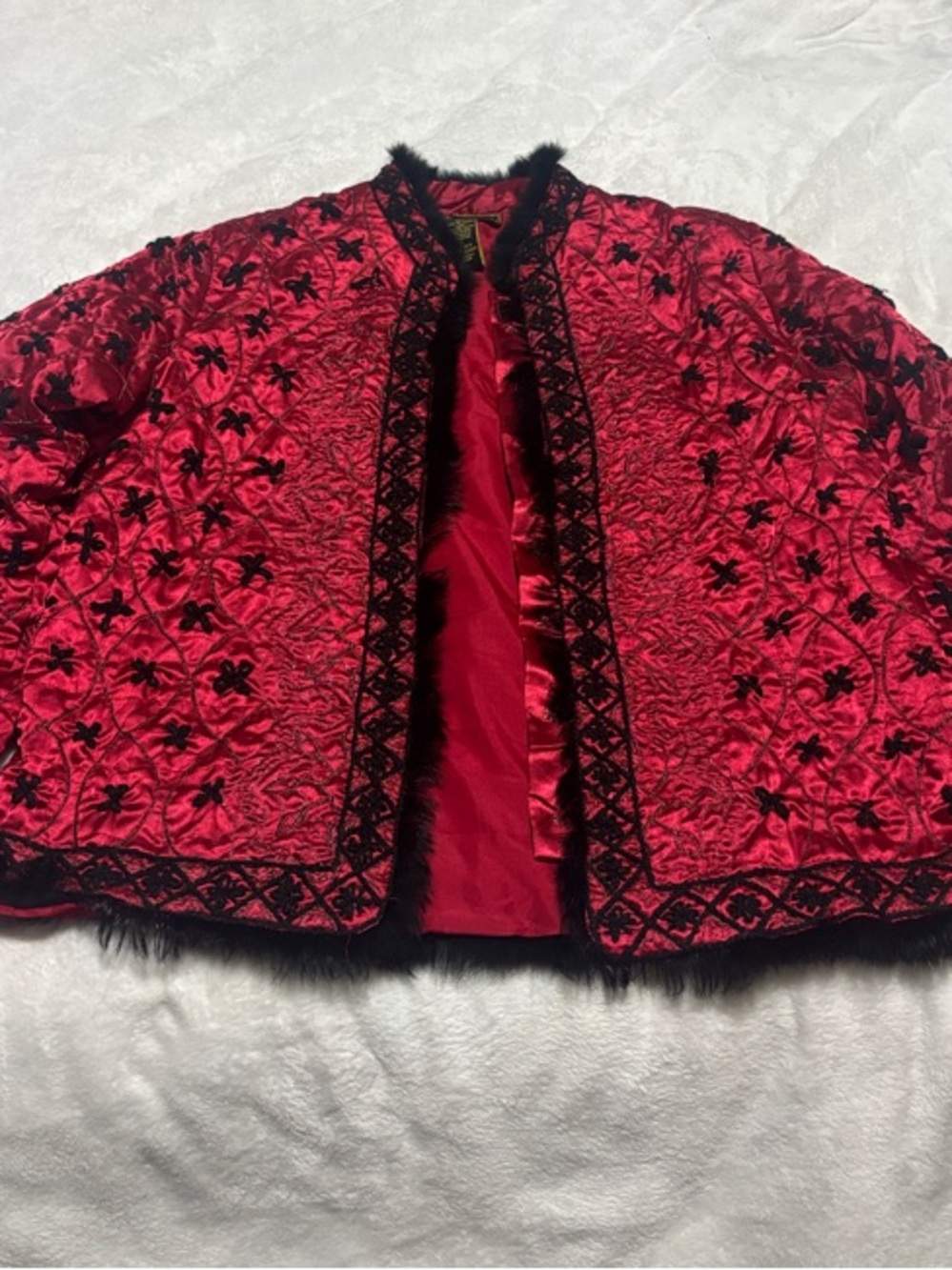 Vintage Mirasol Red Embroidered Teddy Jacket with Black Faux Fur Asian Style - Picture 4 of 6
